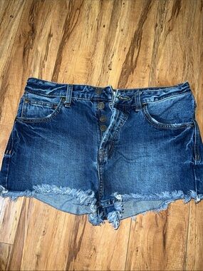 Free People Dark Blue Button-Front Frayed Denim Shorts